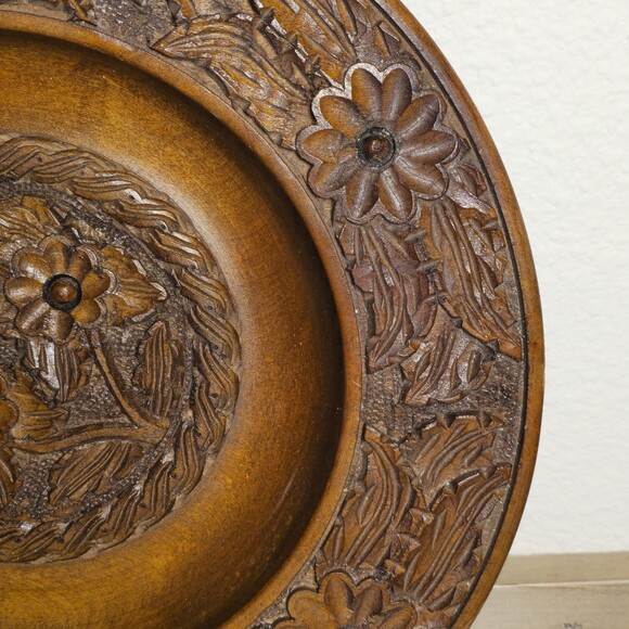 Vintage Hand Carved Wooden Charger Bowl/Plate Floral Folk Art Rustic Boho 14” - Picture 6 of 10